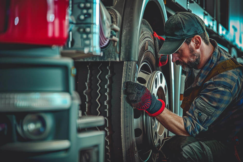 Un uomo sta lavorando su un pneumatico di un camion, utilizzando attrezzi per la riparazione.