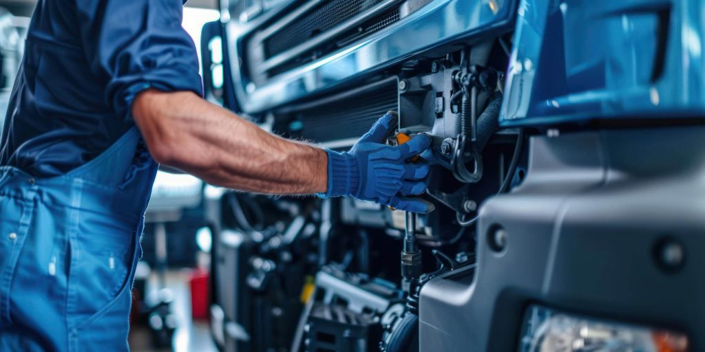 Un meccanico in tuta blu è intento a lavorare su un camion, con attrezzi a disposizione.