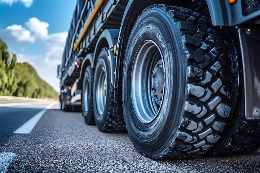 Primo piano di un pneumatico di camion su una strada asfaltata.
